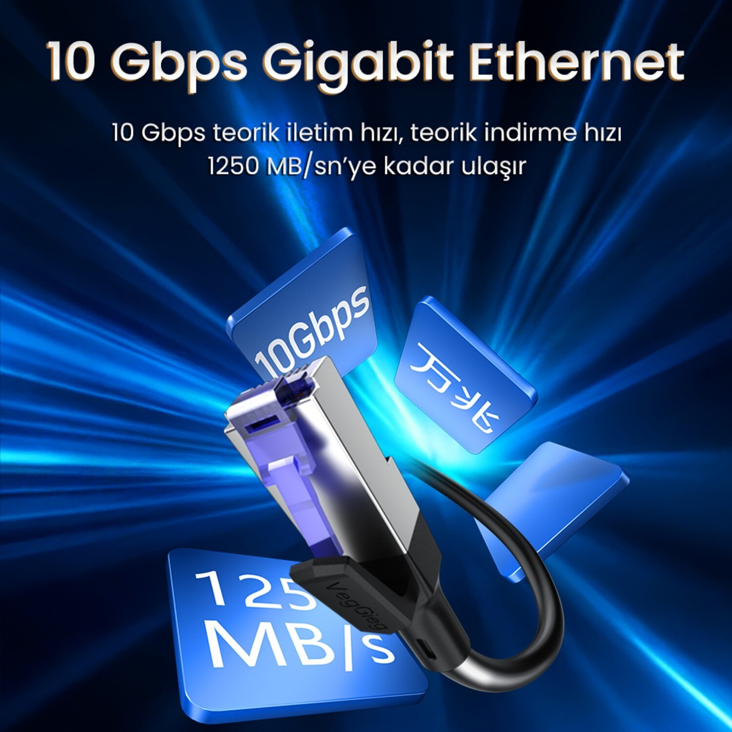 10 Gbps ve 1250 MB/s hızını gösteren Ethernet kablosunun yakından görünümü.