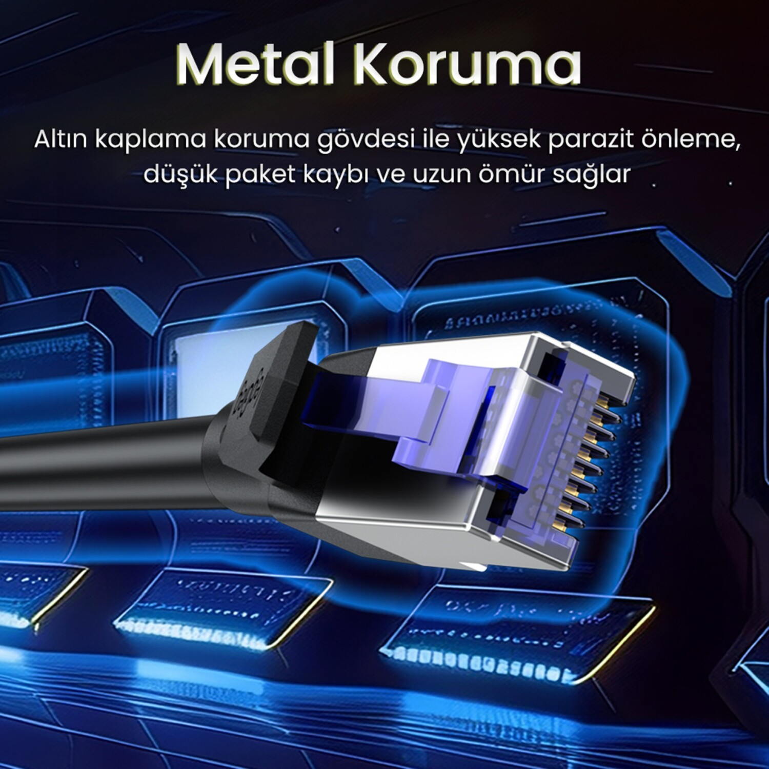 Metal kasalı Ethernet konnektör, mavi fütüristik arka plan üzerinde.