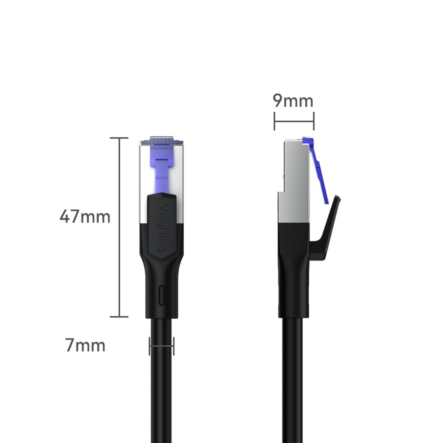 Boyutlar: 47mm, 9mm, 7mm olan iki RJ45 konektör. Siyah ve mavi.