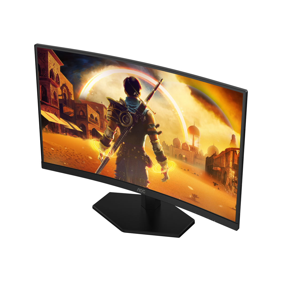 Un monitor curvo mostra un gioco fantasy con un guerriero davanti a una città orientale e un arcobaleno.