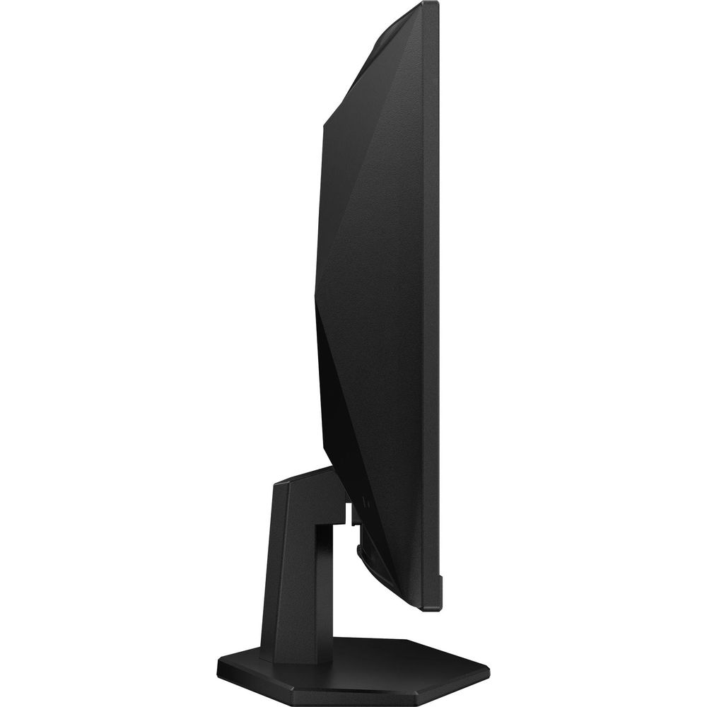 Vista laterale di un monitor per computer nero con supporto triangolare.