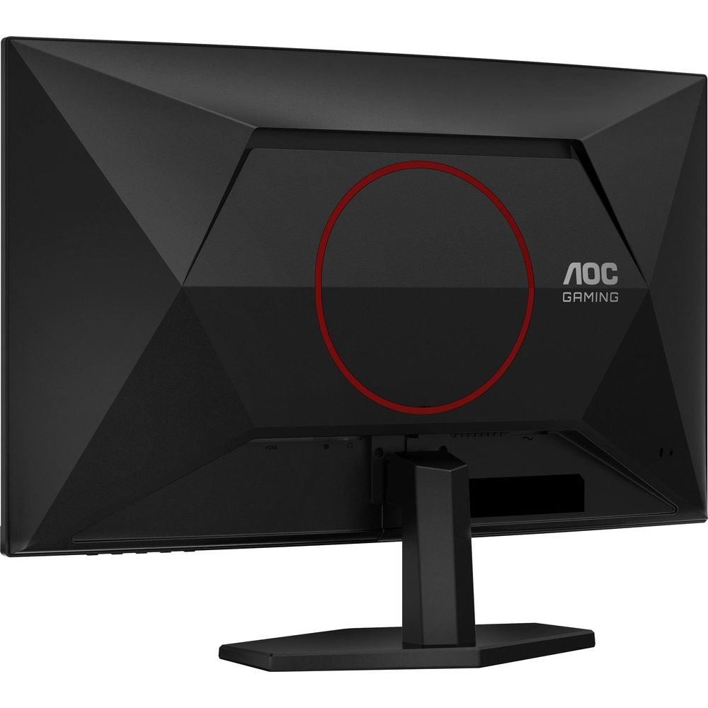 Retro di un monitor nero AOC Gaming con dettaglio cerchio rosso e porte.
