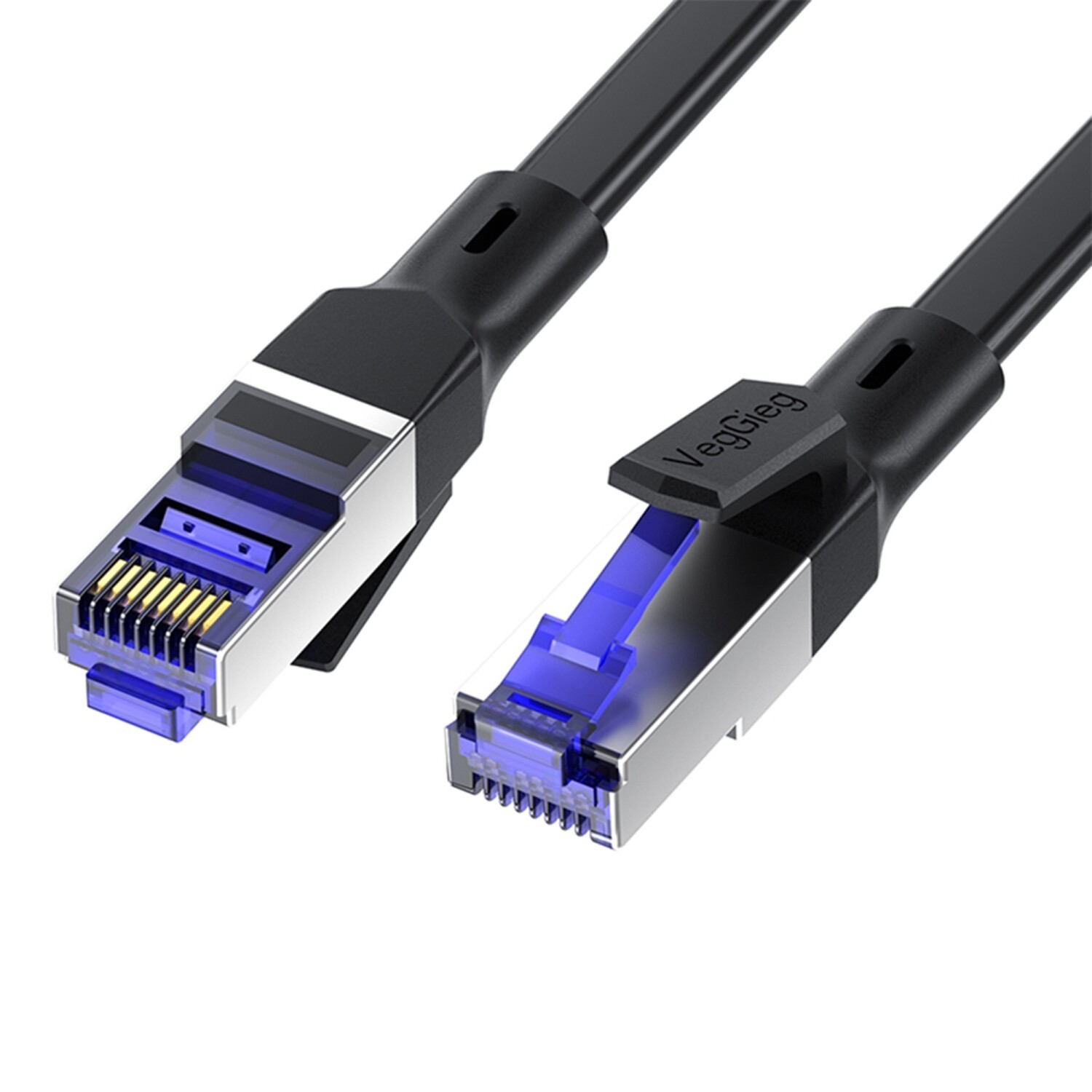 Mavi ek ve metal kasalı iki RJ45 Ethernet konektörü.
