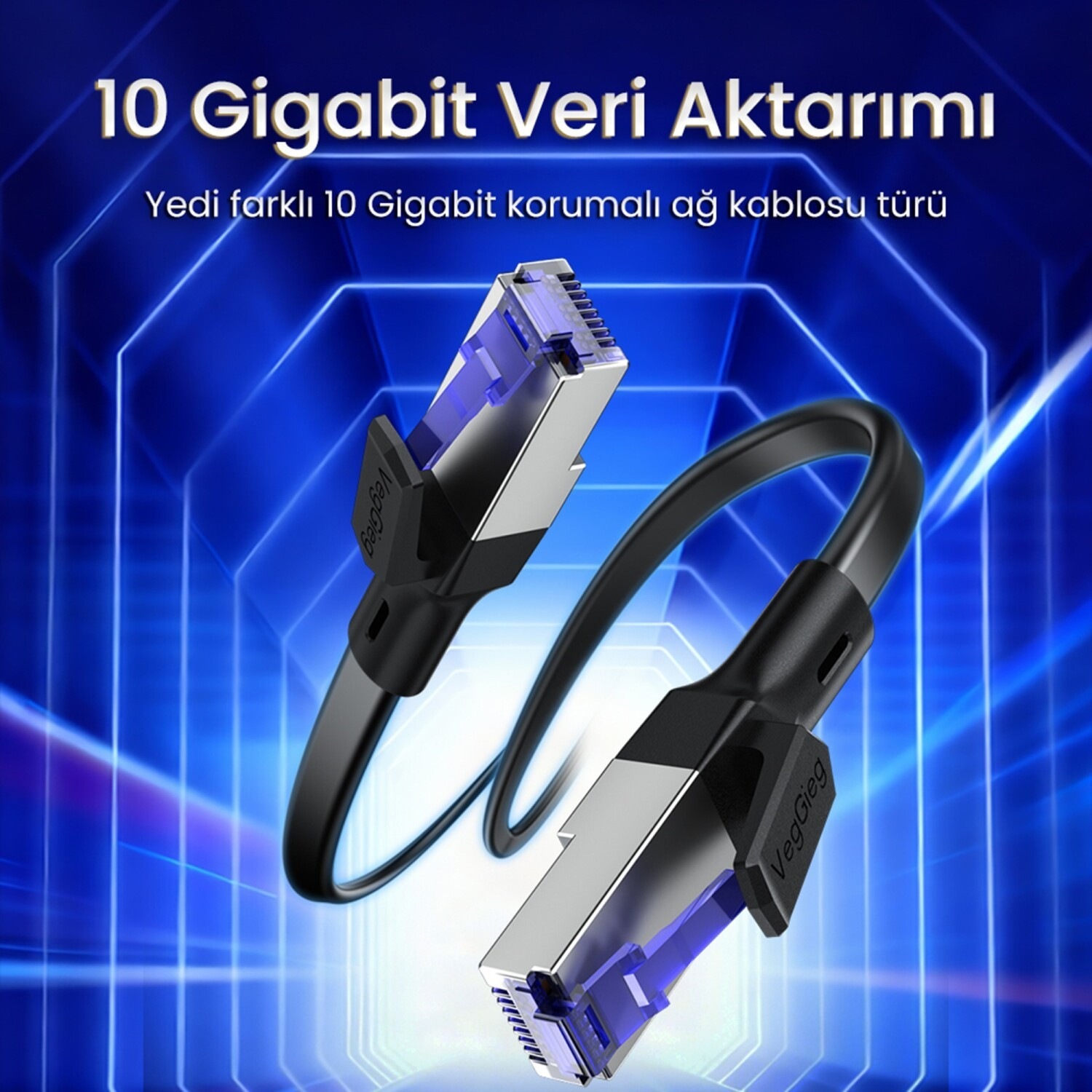 Mavi konektörlü iki adet 10 Gigabit Ethernet kablosu, mavi soyut arka plan üzerinde.