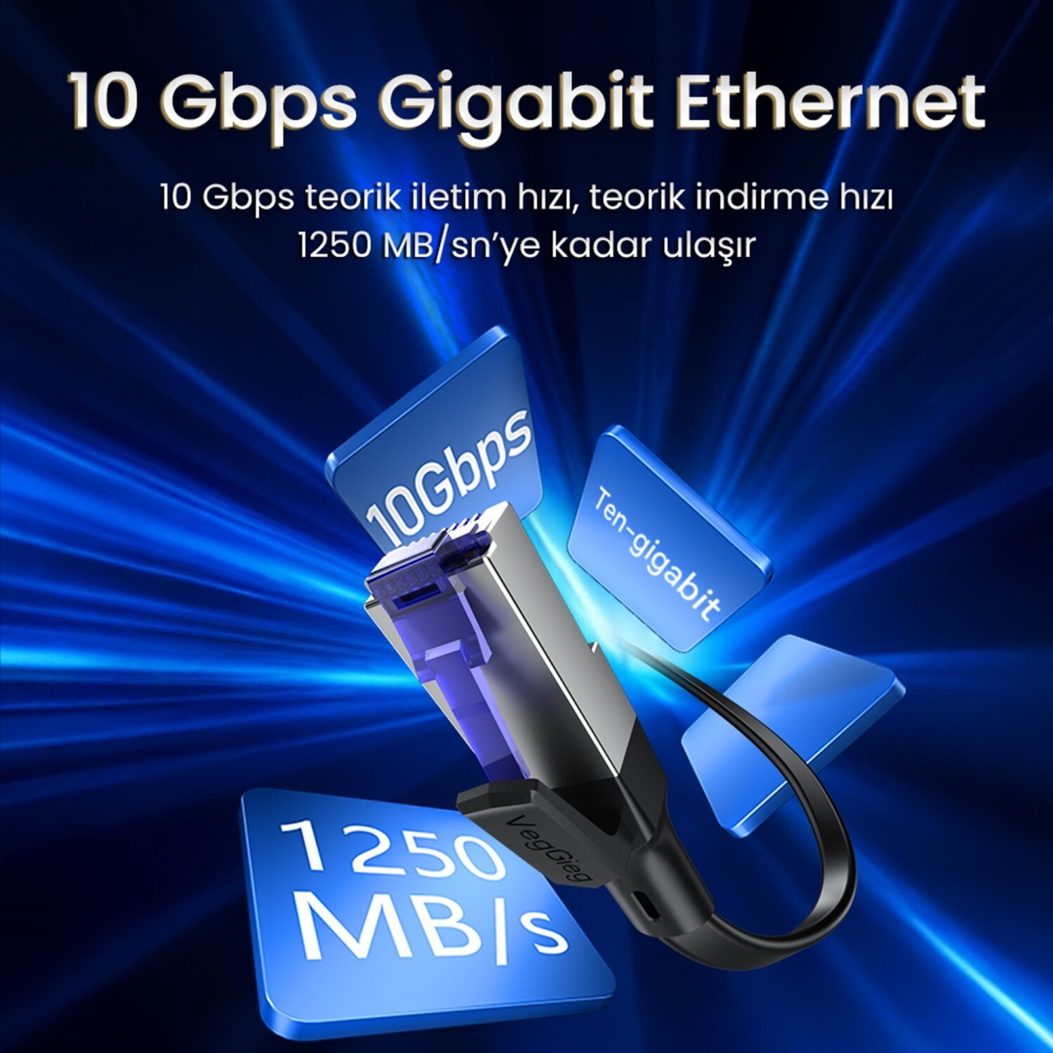 1250 MB/s 10 Gbps Gigabit Ethernet. Mavi ışıklar ve kablo.