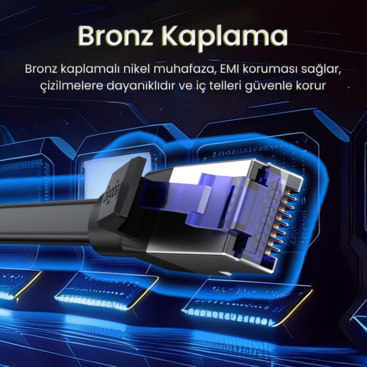 Fütüristik mavi arka planda bronz kaplama RJ45 konektörünün yakın çekimi.