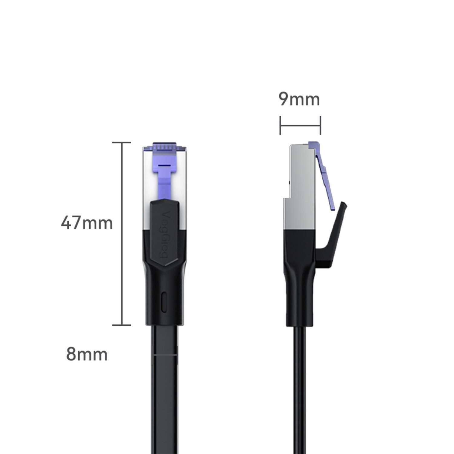 47mm, 8mm, 9mm boyutlarında siyah Ethernet kablo konektörünün iki görünümü.