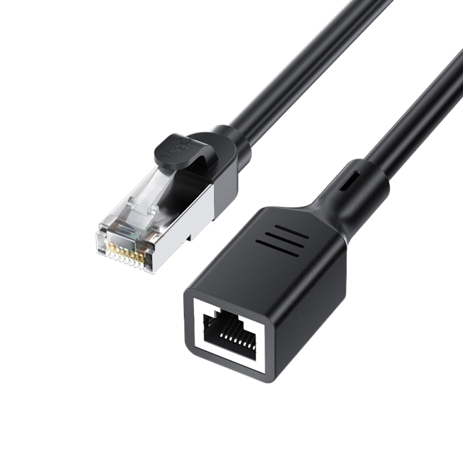 Gümüş RJ45 konektörlü ve siyah dişi portlu siyah Ethernet kablosu.