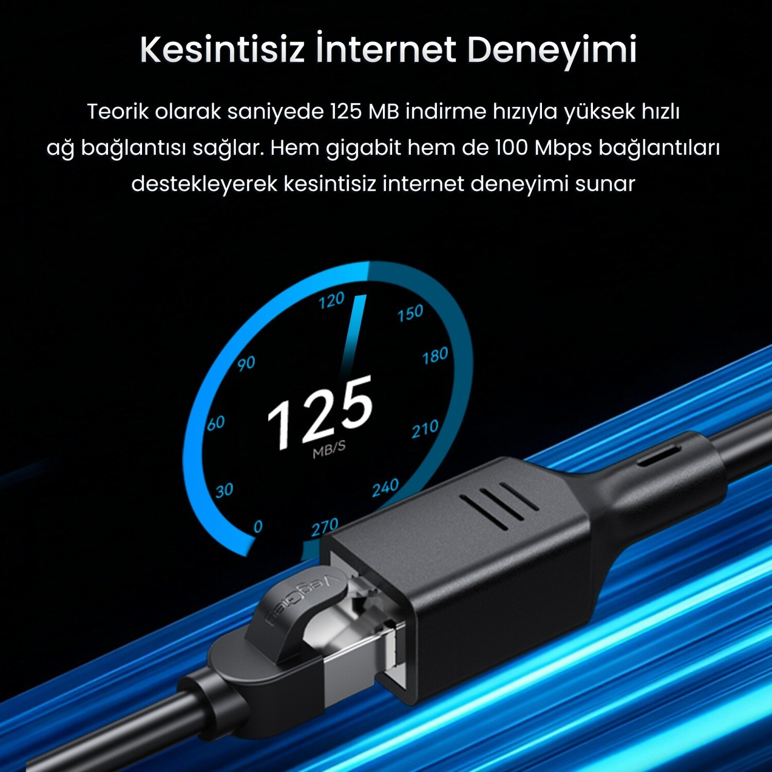 125 MB/s hız gösteren bir ağ kablosu.