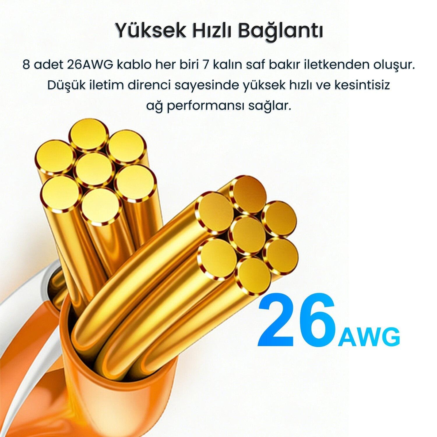 Yüksek hızlı bağlantıyı belirten metinle birlikte 8 adet altın rengi 26AWG kablo demeti.