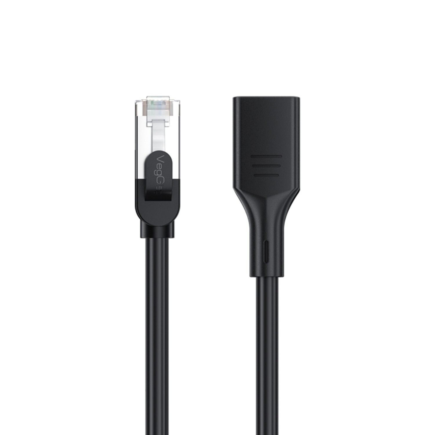 Şeffaf RJ45 konektörlü ve siyah dişi konektörlü siyah Ethernet kablosu.