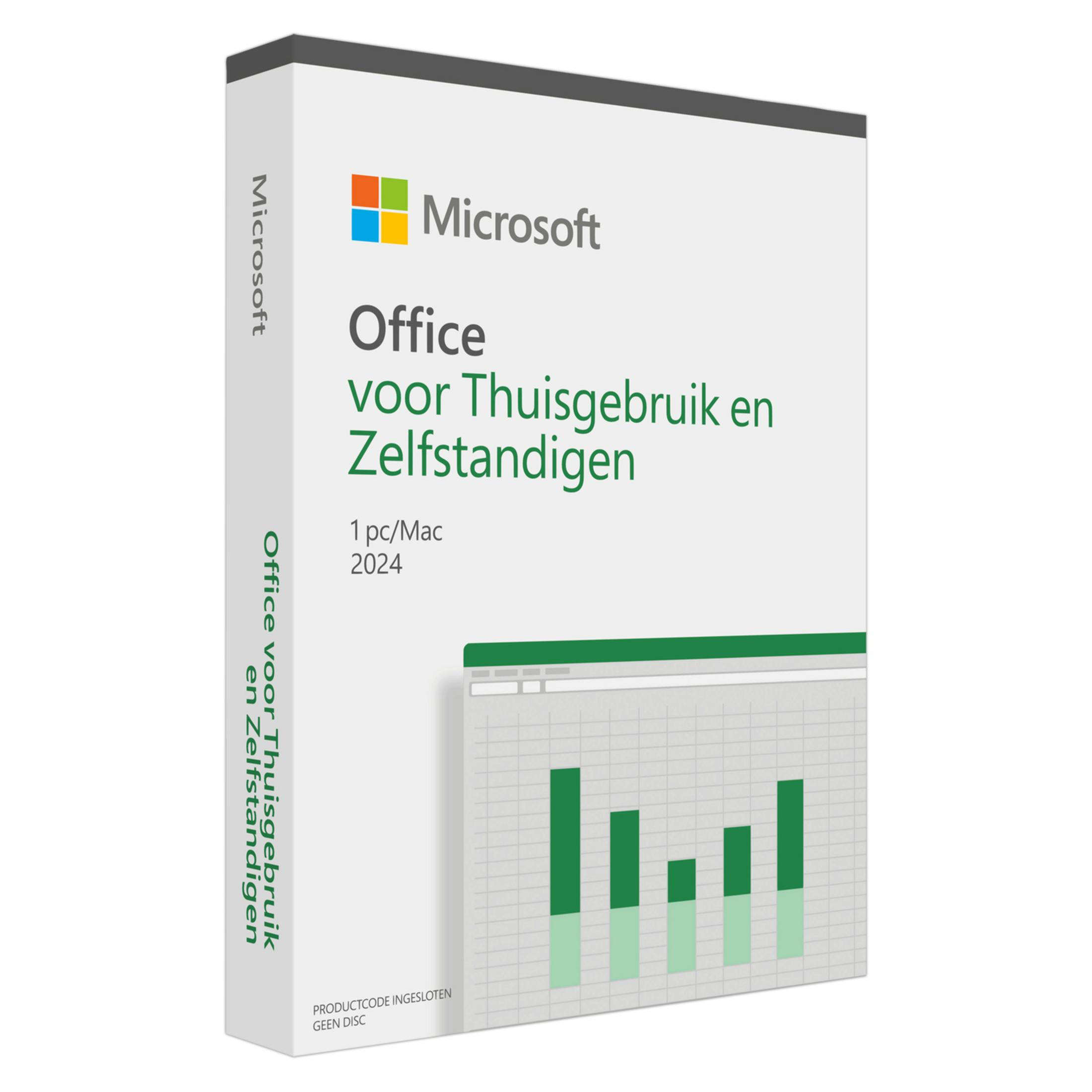 Microsoft Office voor Thuisgebruik en Zelfstandigen 2024 box met grafiek.