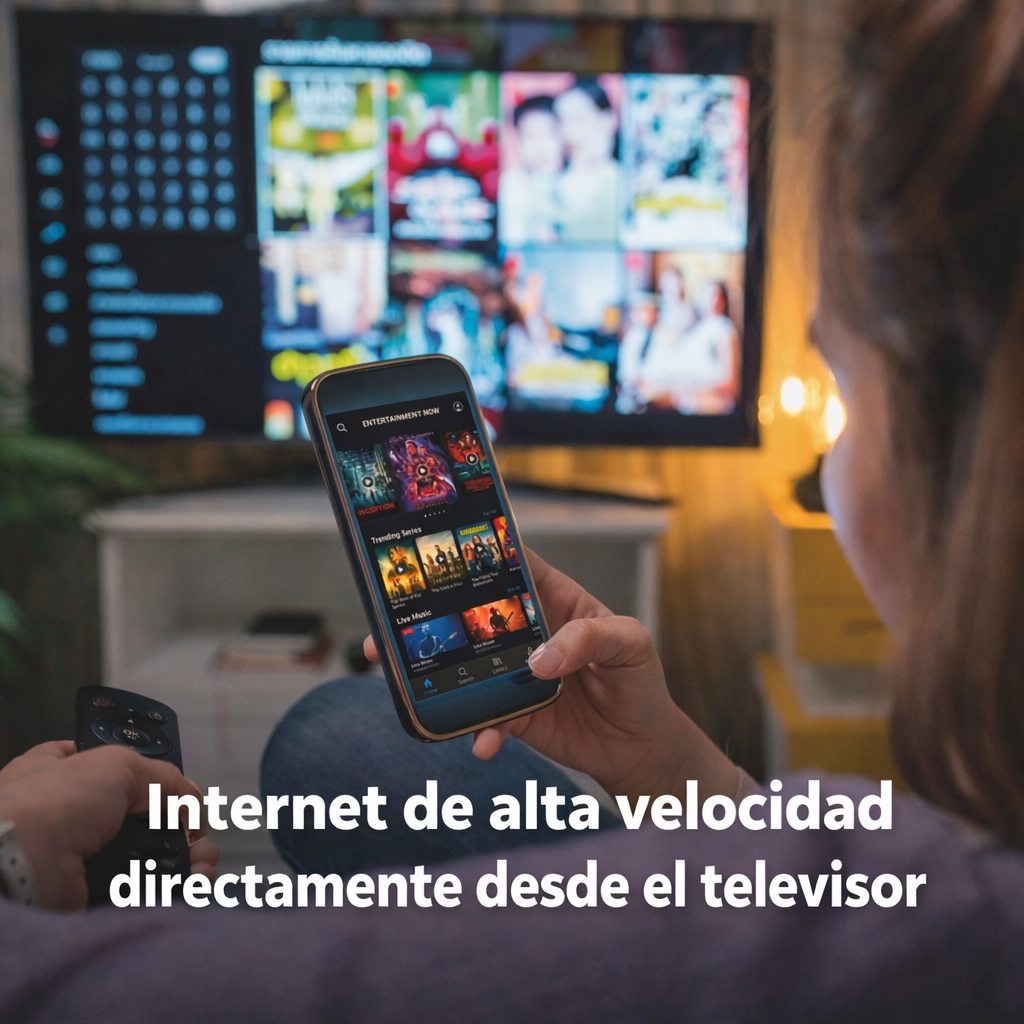 Una persona sostiene un smartphone con una app de streaming mientras ve la TV.