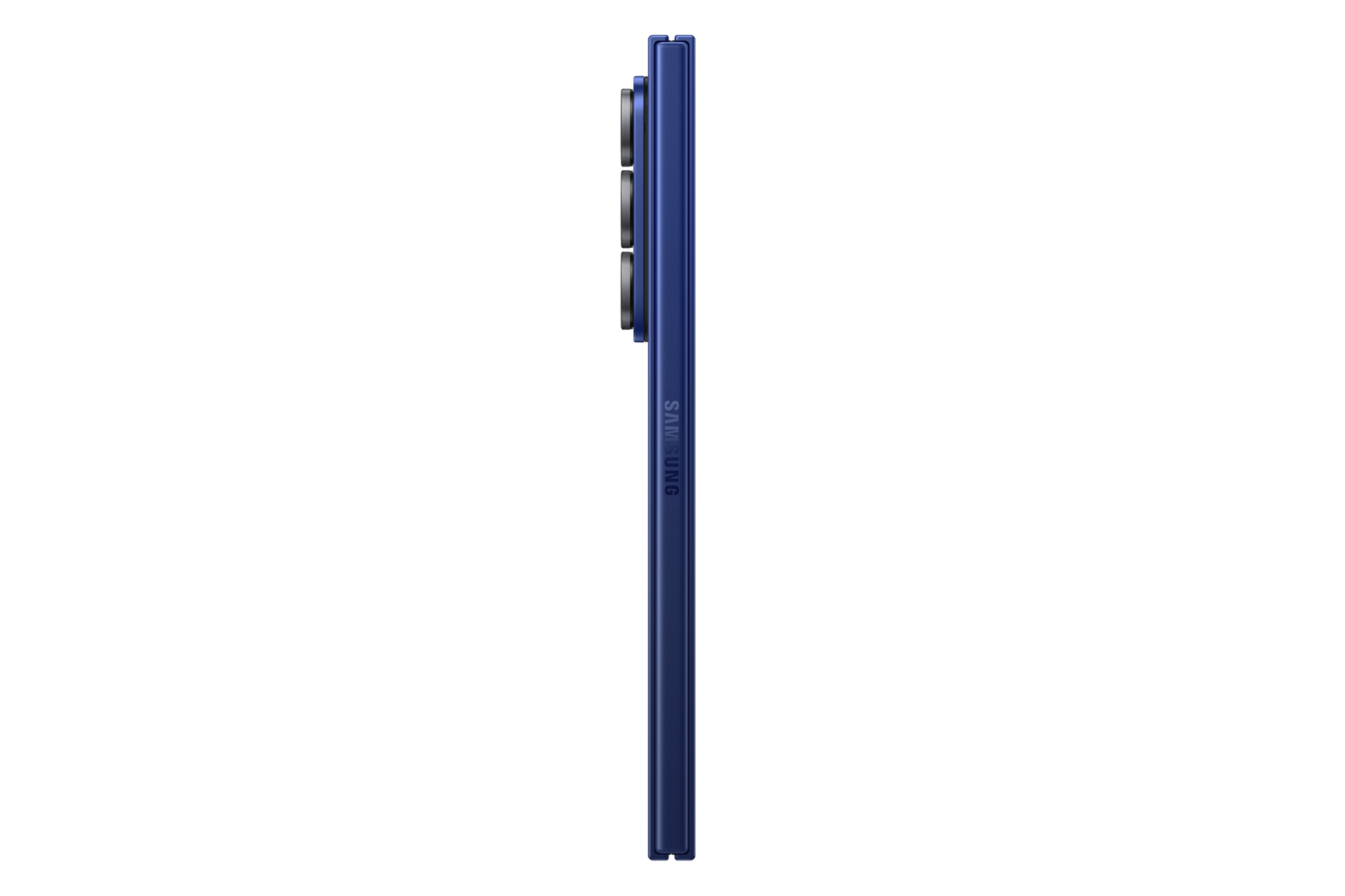 Dunkelblaues Smartphone im Profil mit drei Kameralinsen und Samsung-Logo.