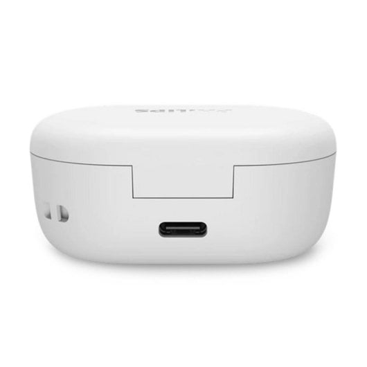 Funda de carga blanca para auriculares con puerto USB-C y rejillas.