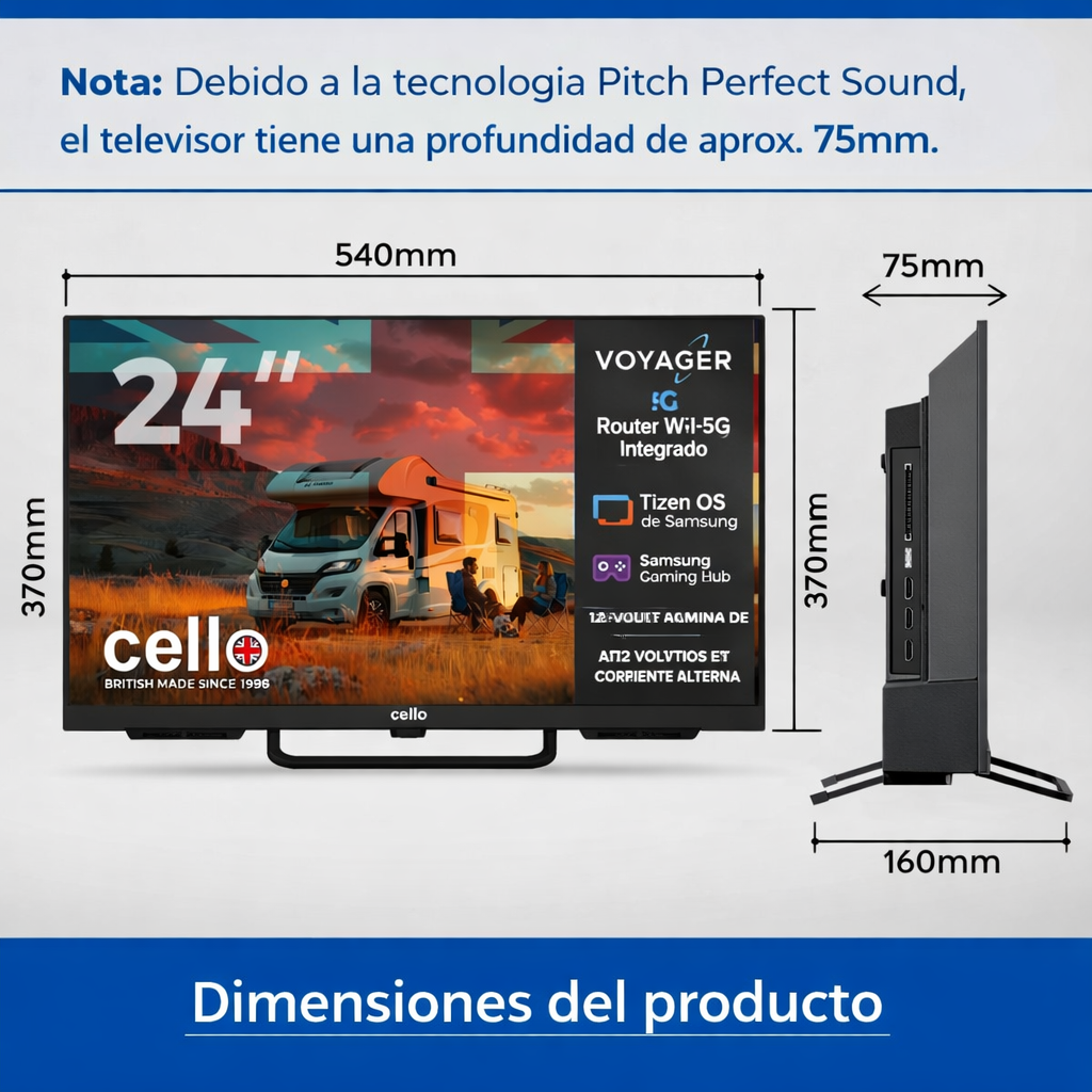 Un televisor de 24 pulgadas con dimensiones de 540x370x75mm y soporte.