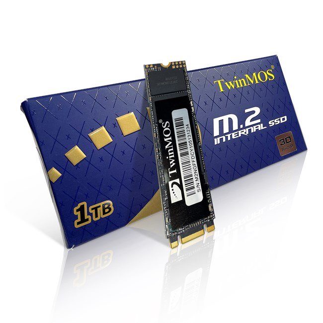 1TB'lık TwinMOS M.2 dahili SSD, altın süslemeli mavi ambalajının yanında gösterilmektedir.