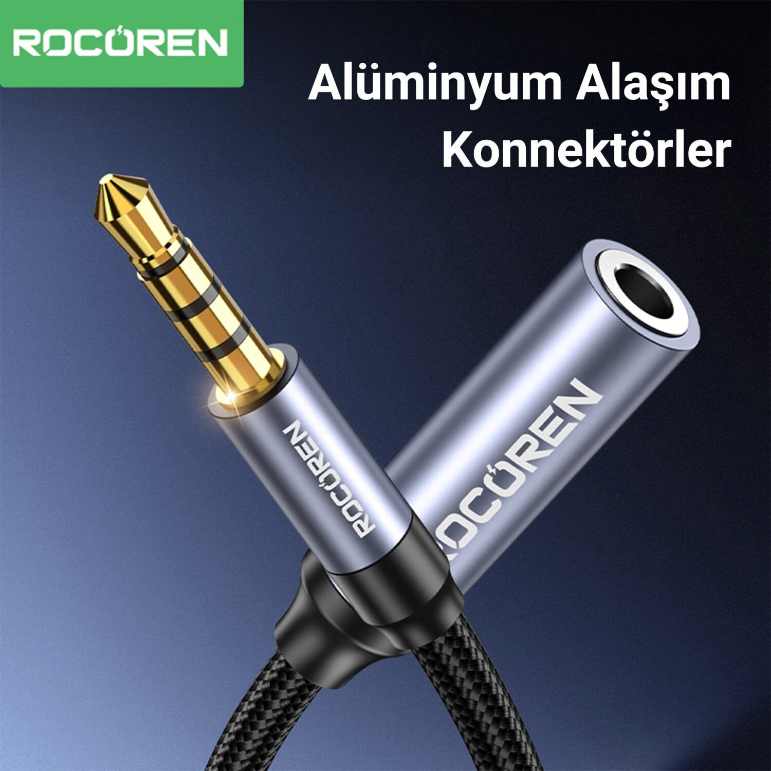 Altın 3,5 mm erkek fiş ve ROCUREN logolu gümüş dişi jak.