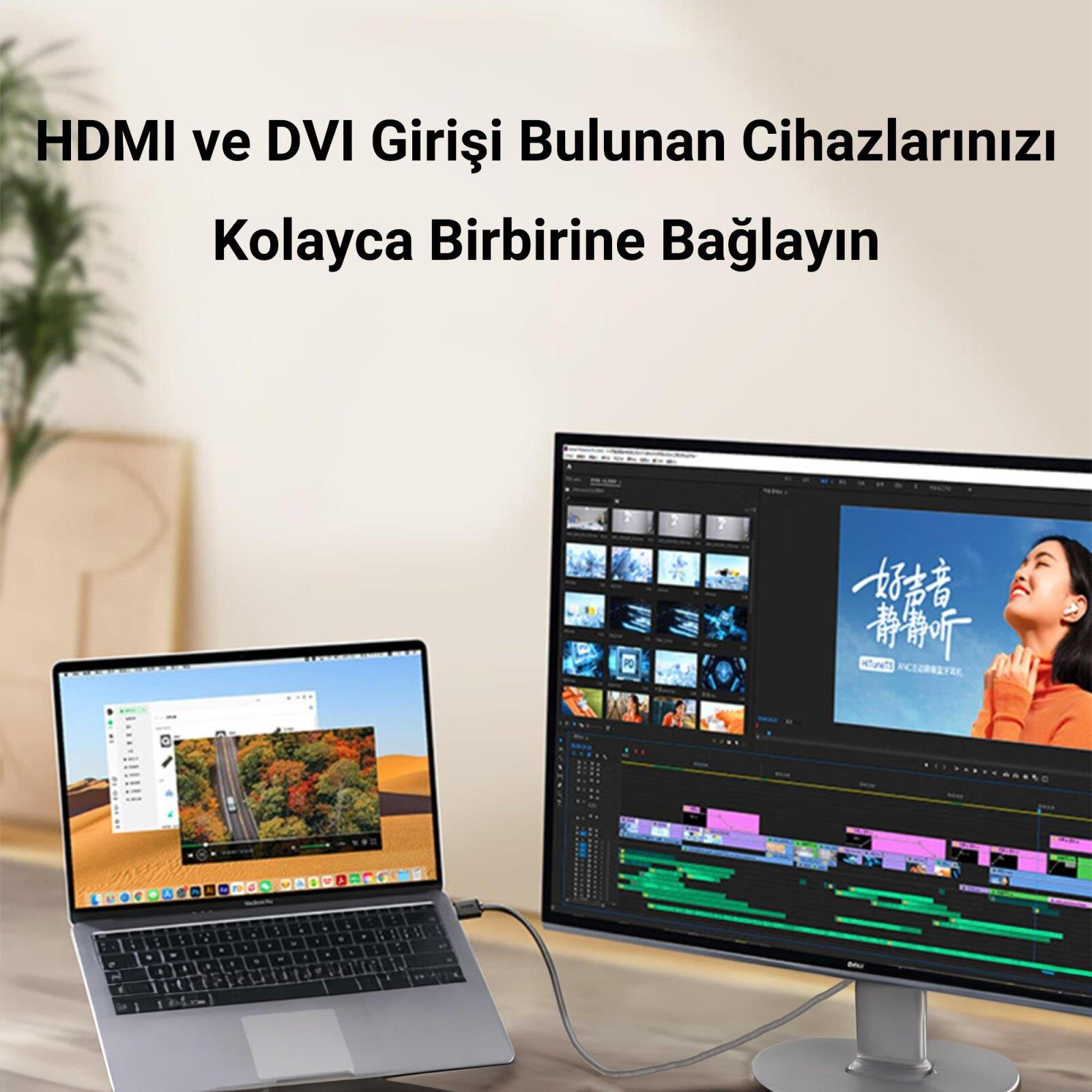 Bir dizüstü bilgisayar ve monitör, video düzenleme yazılımı ve sunum gösteriyor.