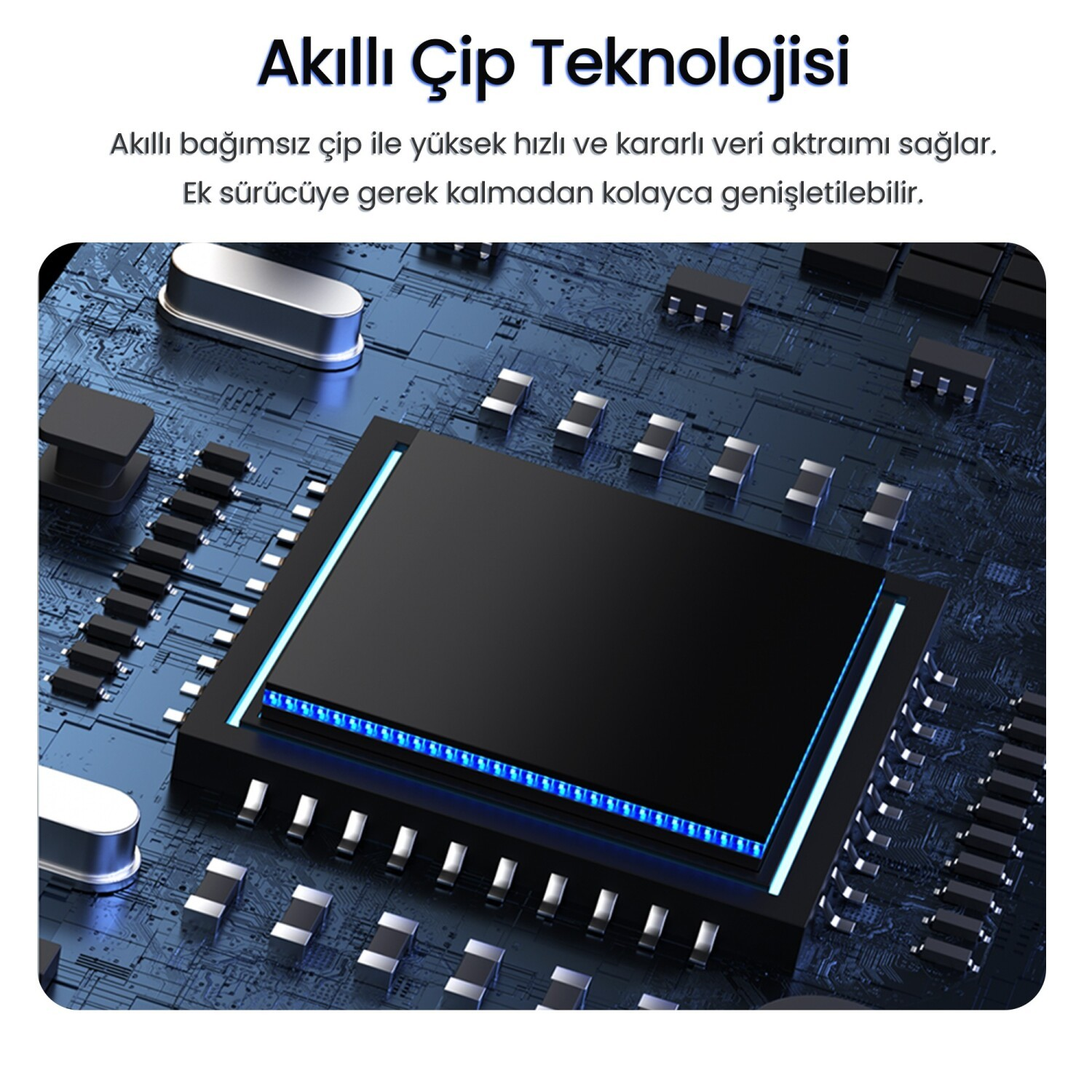 Büyük siyah çipli ve mavi ışıklı devre kartı.