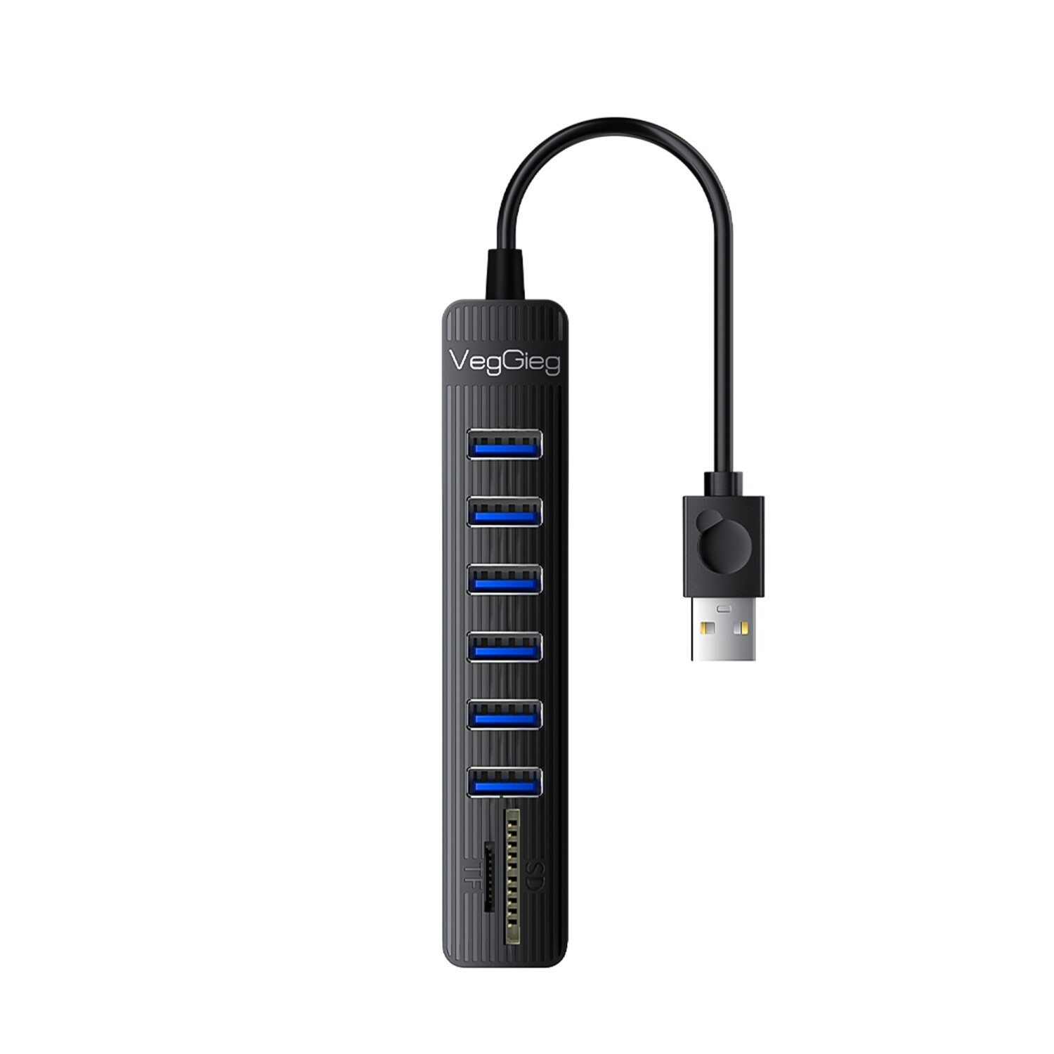 7 bağlantı noktalı, TF ve SD kart yuvalı, USB kablolu siyah USB hub.