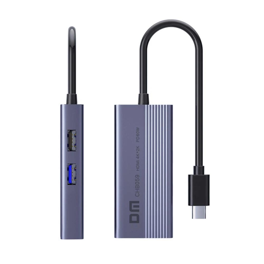 İki USB-A bağlantı noktasına ve bir HDMI bağlantı noktasına sahip gri USB-C hub.