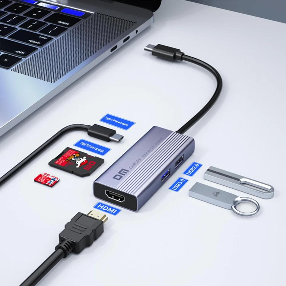 Gri USB-C hub, SD kart, HDMI kablosu ve USB bellekli dizüstü bilgisayar.