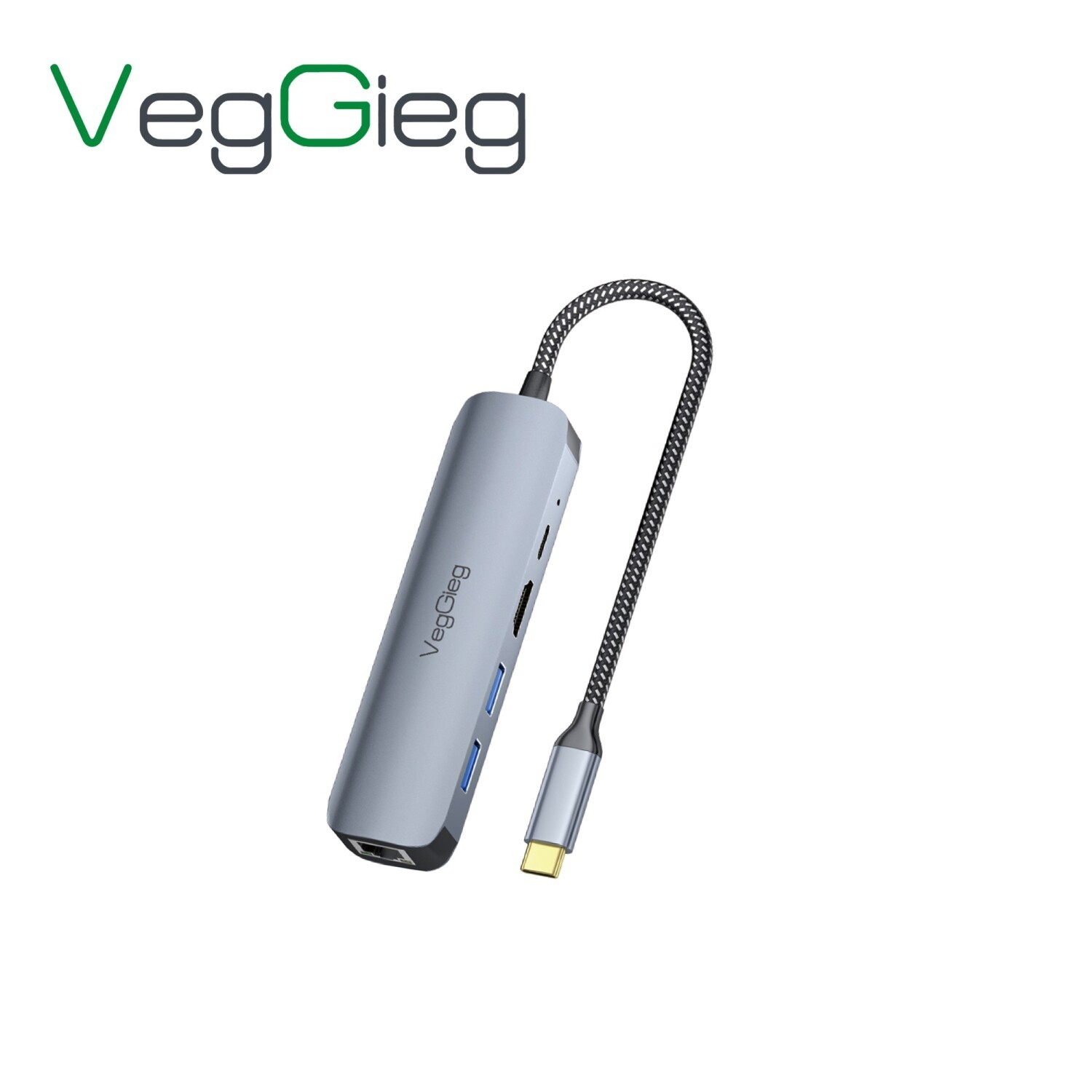 İki USB-A bağlantı noktası ve bir HDMI bağlantı noktasına sahip gri USB-C hub.