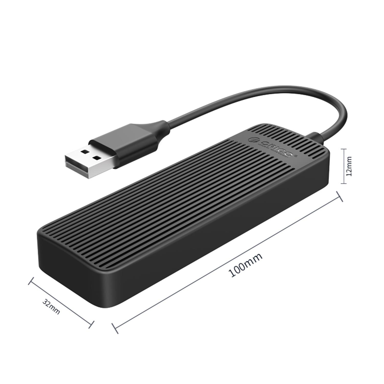 USB bağlantılı ve boyutları belirtilmiş siyah harici hard disk kutusu.