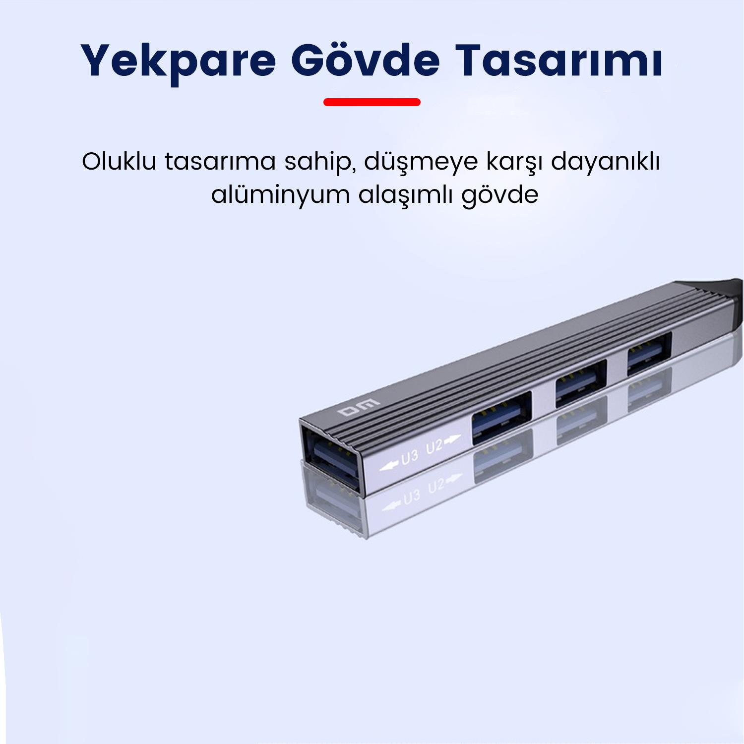 Alüminyum alaşımlı, çok portlu gümüş renkli USB hub.