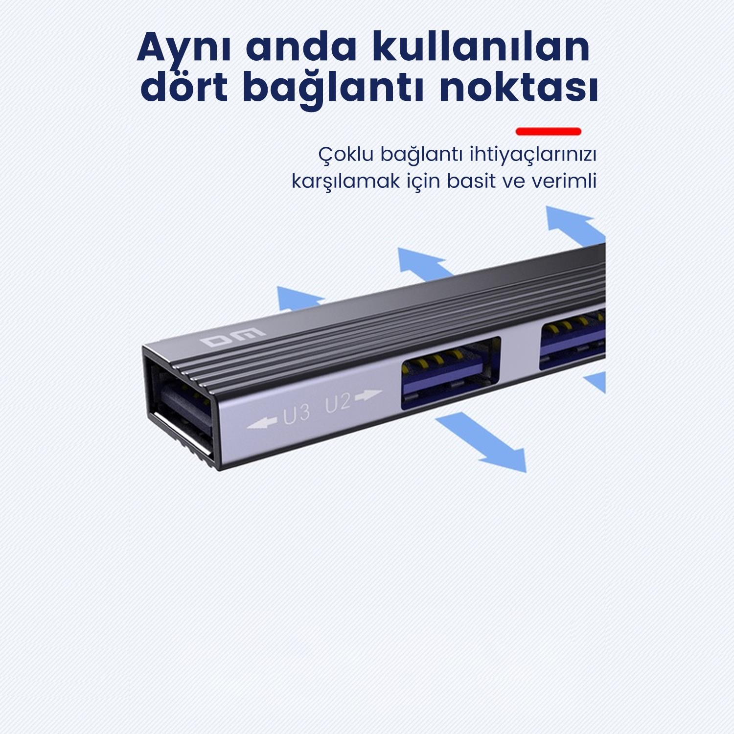 Gümüş renkli USB hub, dört bağlantı noktası ve bağlantıyı gösteren mavi oklar.