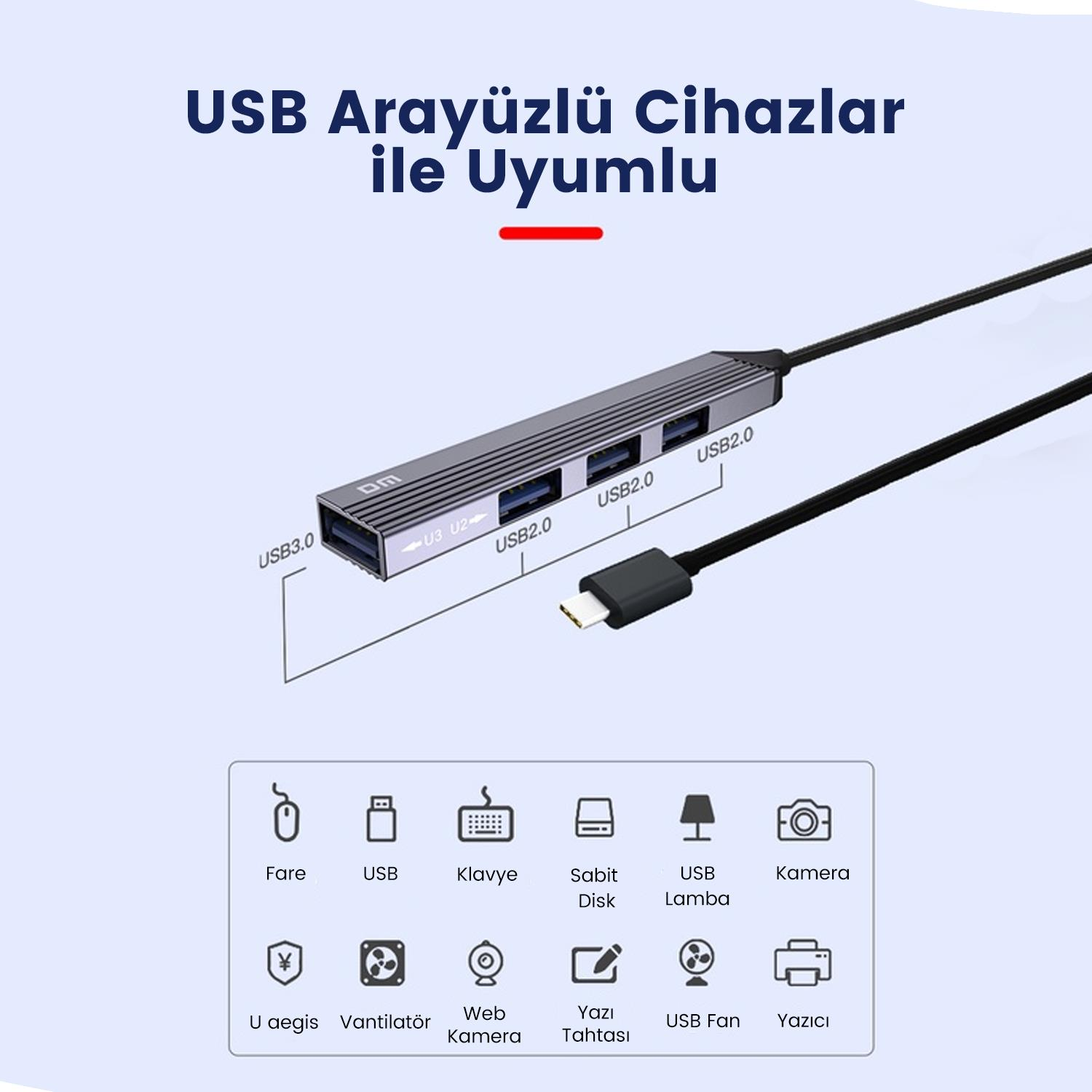 Gri USB hub, çoklu portlu (USB 3.0, USB 2.0) ve kablolu.