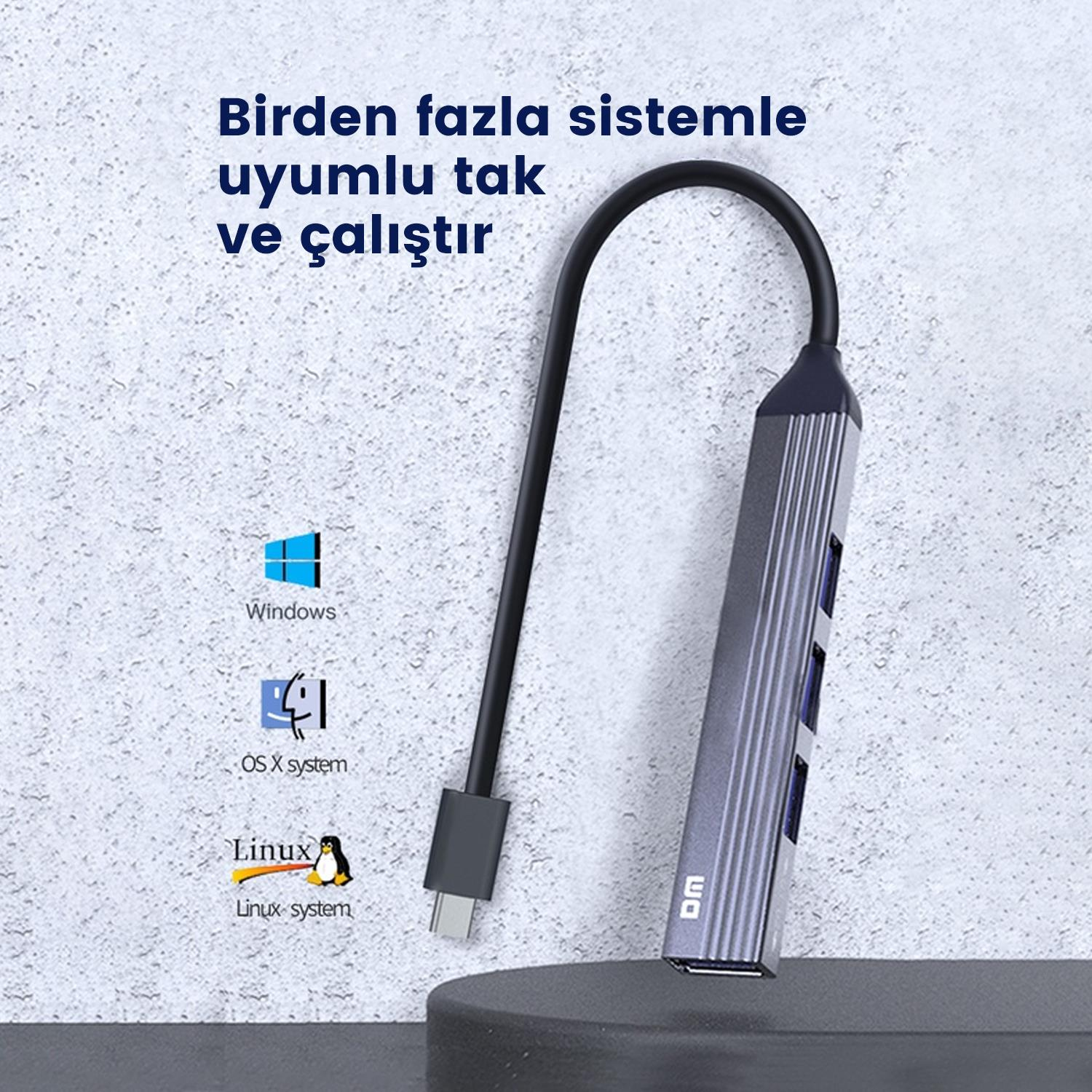 Gri USB hub kablolu, Windows, OS X ve Linux ile uyumludur.