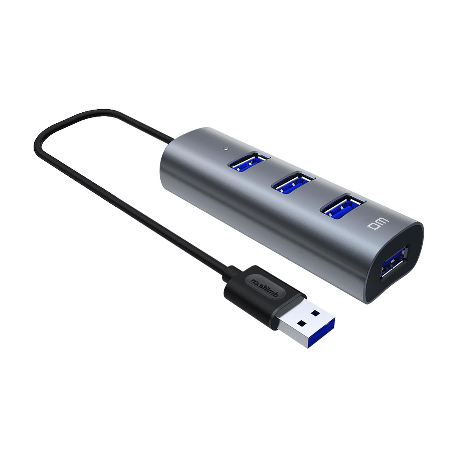 Dört mavi USB bağlantı noktasına ve siyah kabloya sahip gri USB hub.