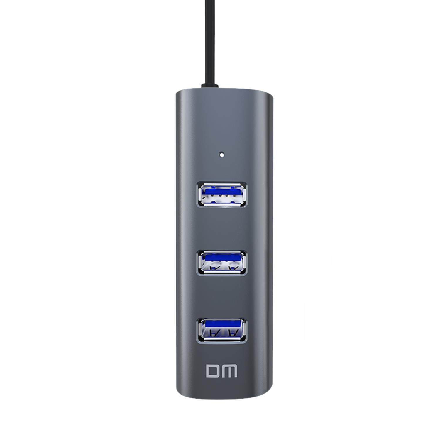 Gri USB hub, üç mavi USB 3.0 bağlantı noktası ve kablosu var.