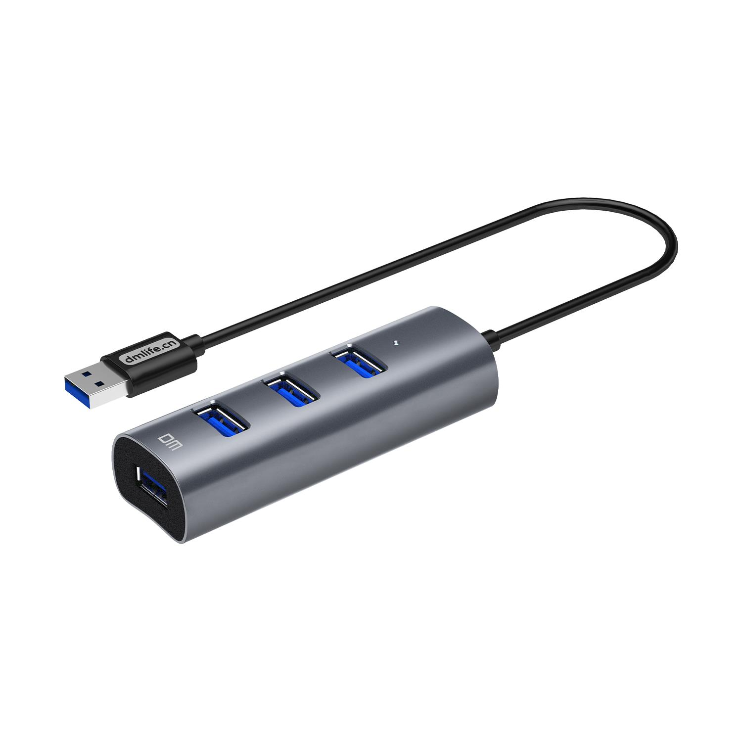 Dört bağlantı noktalı gri USB hub, siyah kablo ve USB-A konektör.