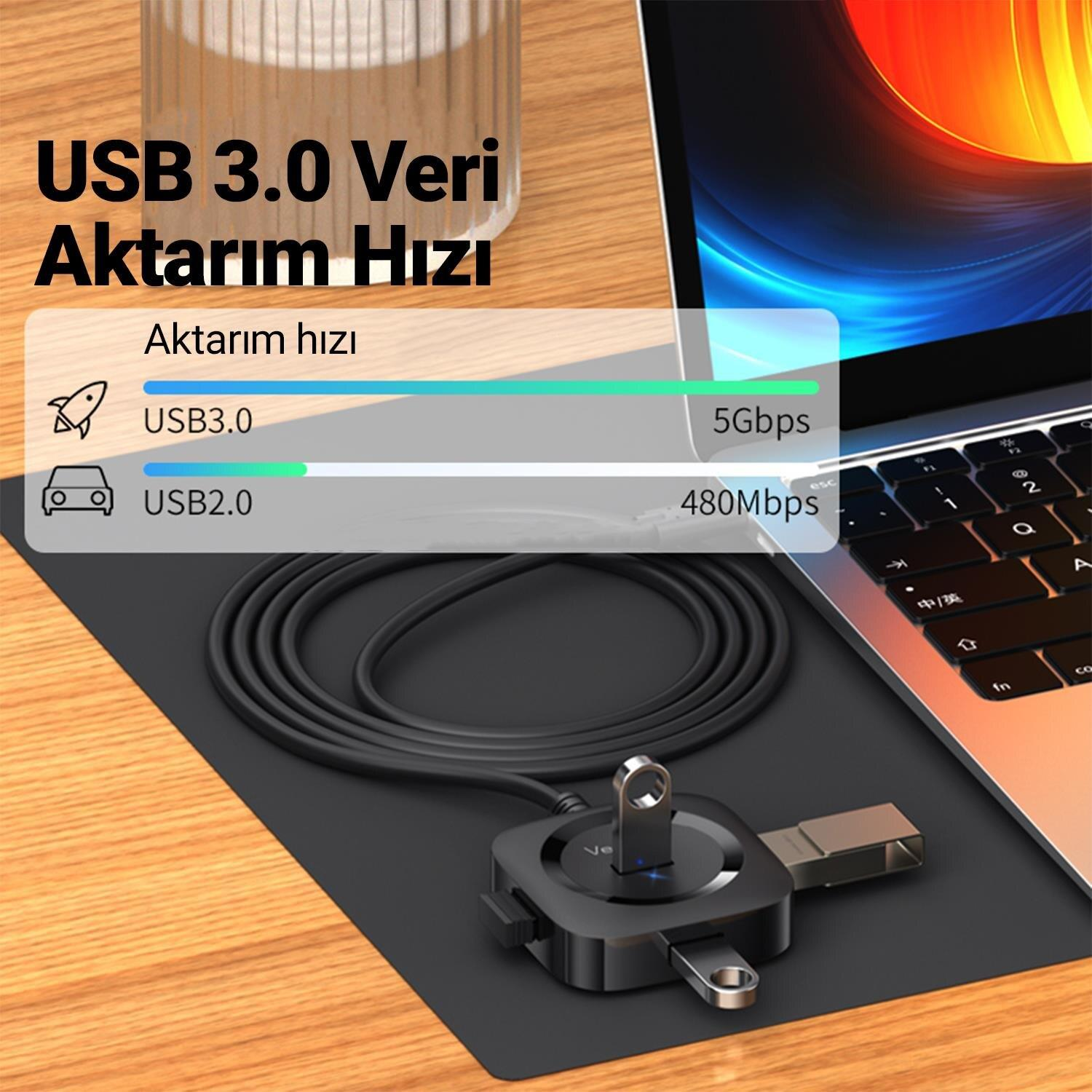 5Gbps USB 3.0 ve 480Mbps USB 2.0 hub, dizüstü bilgisayarın yanında.