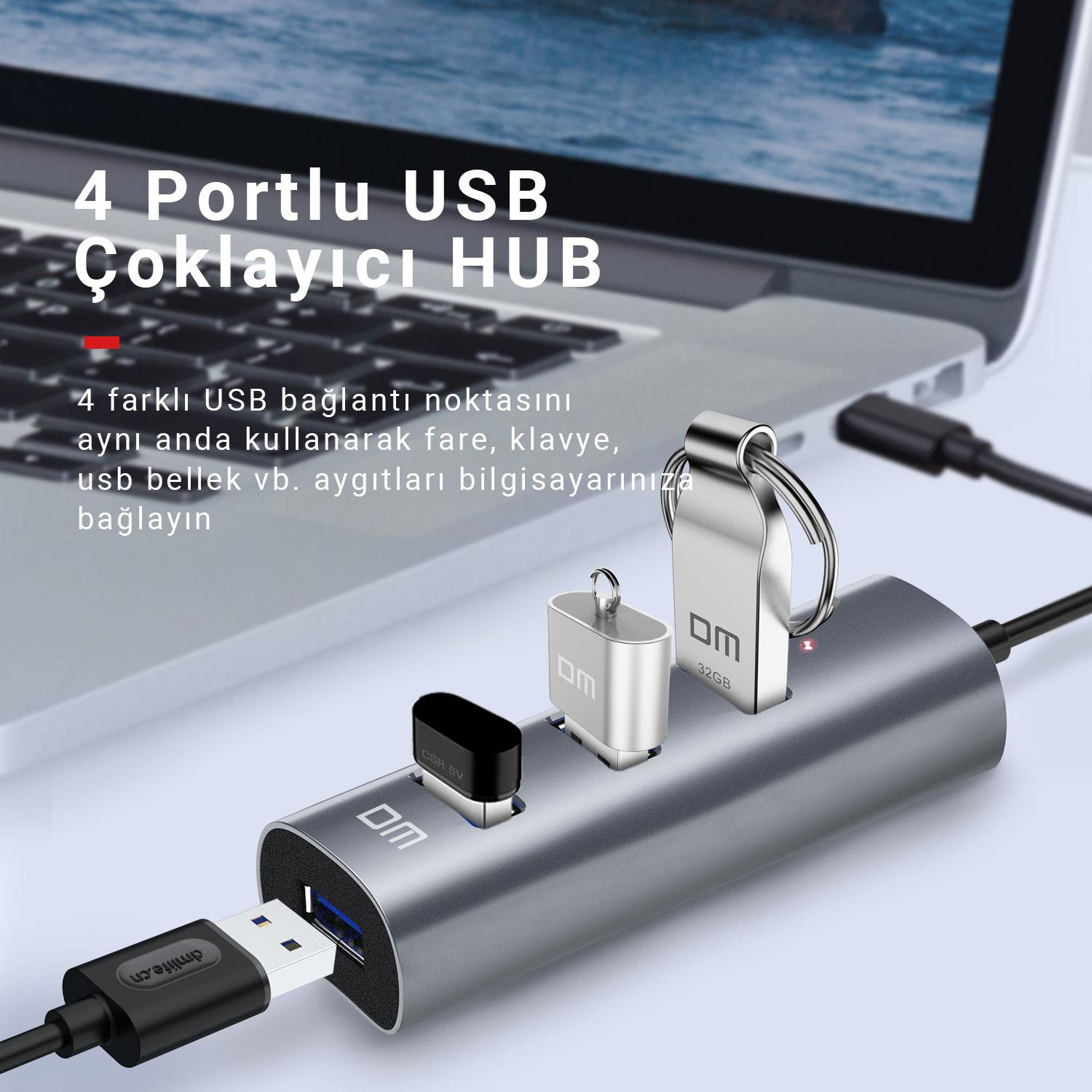 Gri 4 portlu USB hub, takılı USB bellekler ve fare ile laptopun önünde.
