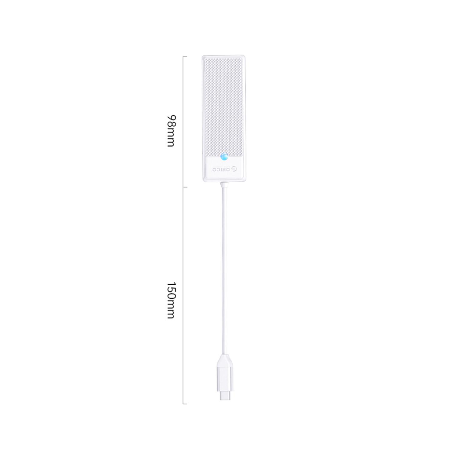 Dokuya sahip üst ve mavi ışıklı beyaz ORICO USB-C adaptörü. Boyutlar gösteriliyor.