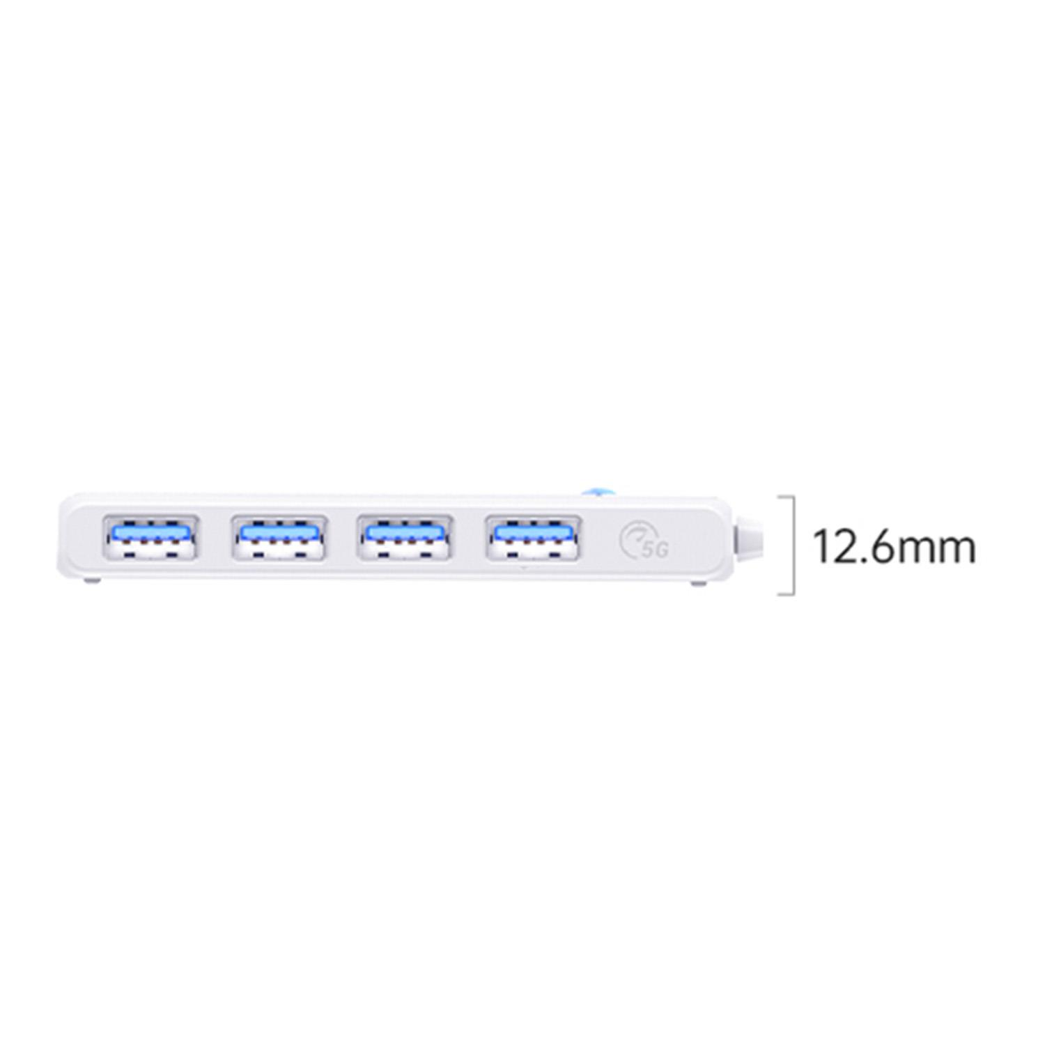 Dört mavi bağlantı noktasına sahip beyaz USB hub ve 12,6 mm ölçüsü.