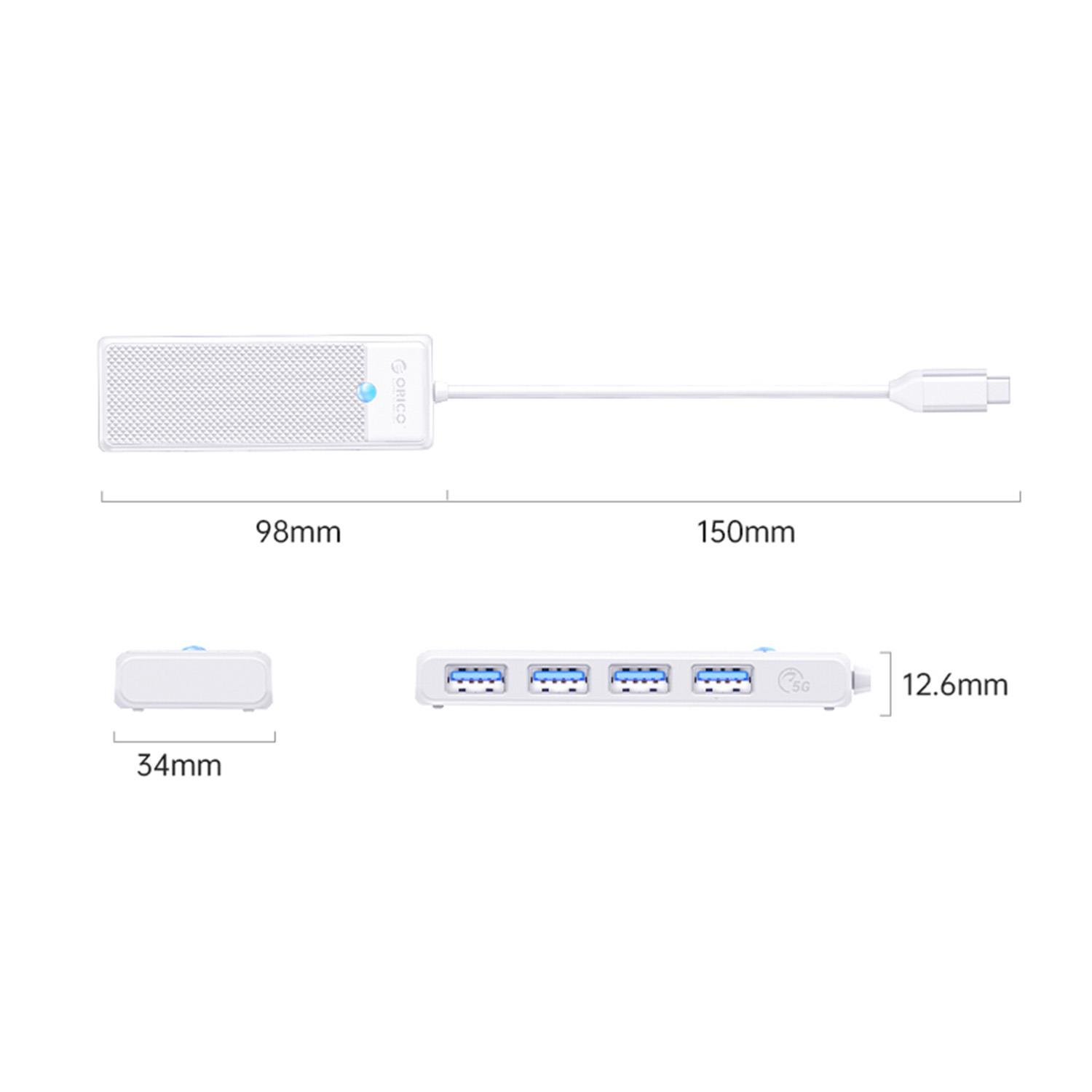 Dört bağlantı noktalı beyaz USB-C hub ve gösterilen boyutları.