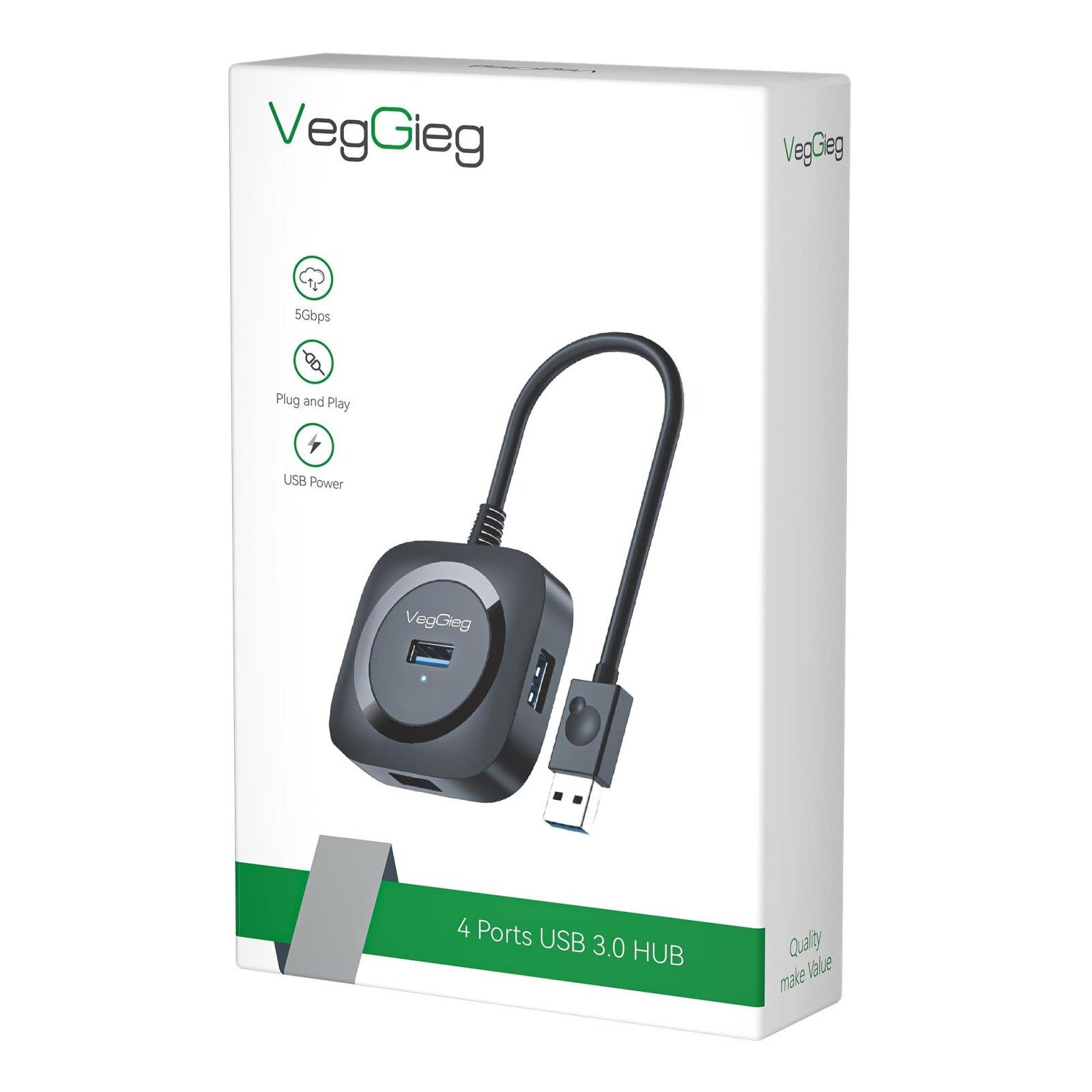 Siyah VegGieg 4 Port USB 3.0 Hub ambalajı.