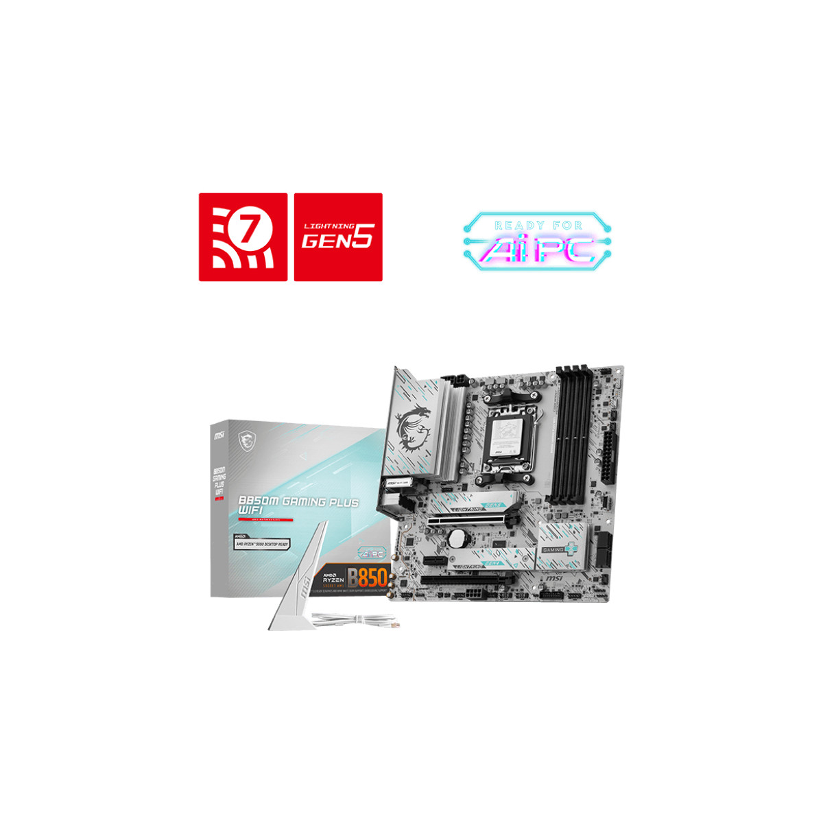 MSI B850M GAMING PLUS WIFI anakart, Ryzen 8850 CPU kutusu ve logoları.