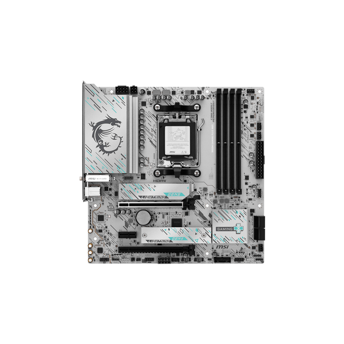MSI Oyun anakartı CPU soketi, RAM yuvaları ve konektörleri ile.