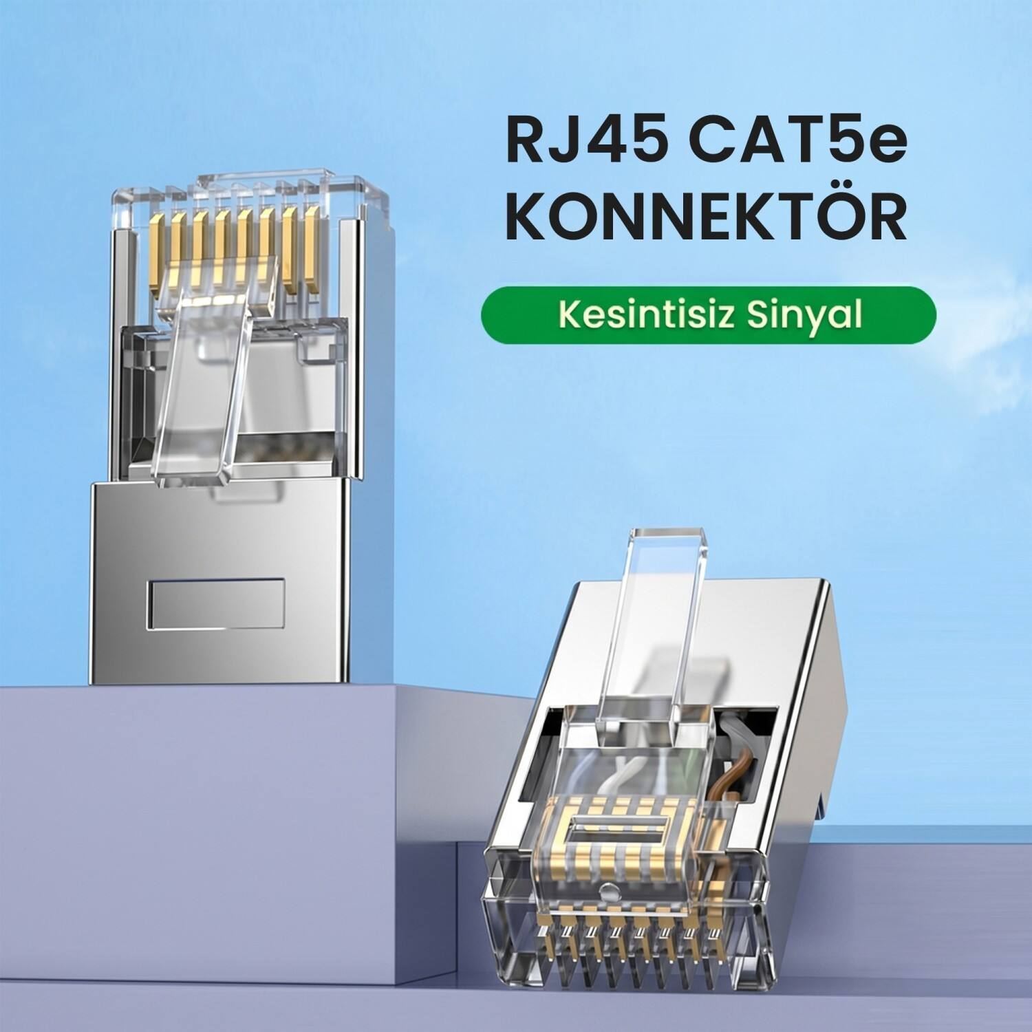 Altın pinli iki adet RJ45 CAT5e konektör, mavi gökyüzü arka planında.