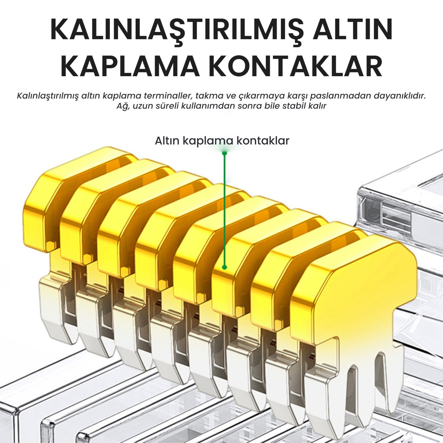 Sıra halinde altın kaplama kontaklar, altında gümüş pimler.