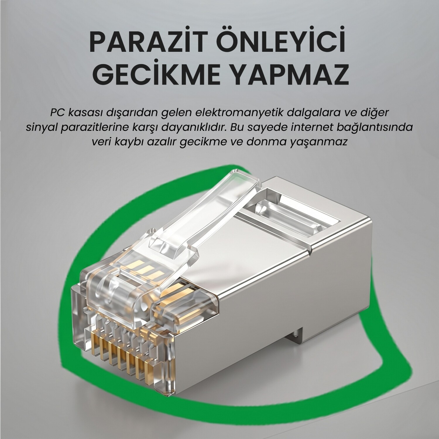 Altın pinli Ethernet konnektörü, yeşil bir şekille çerçevelenmiş.