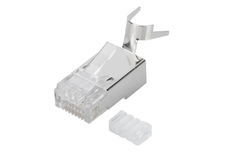 Un connettore RJ45 trasparente con schermatura metallica e pressacavo.