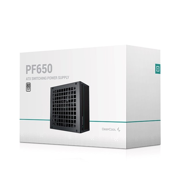 Verpackung eines schwarzen ATX-Netzteils mit der Aufschrift PF650.