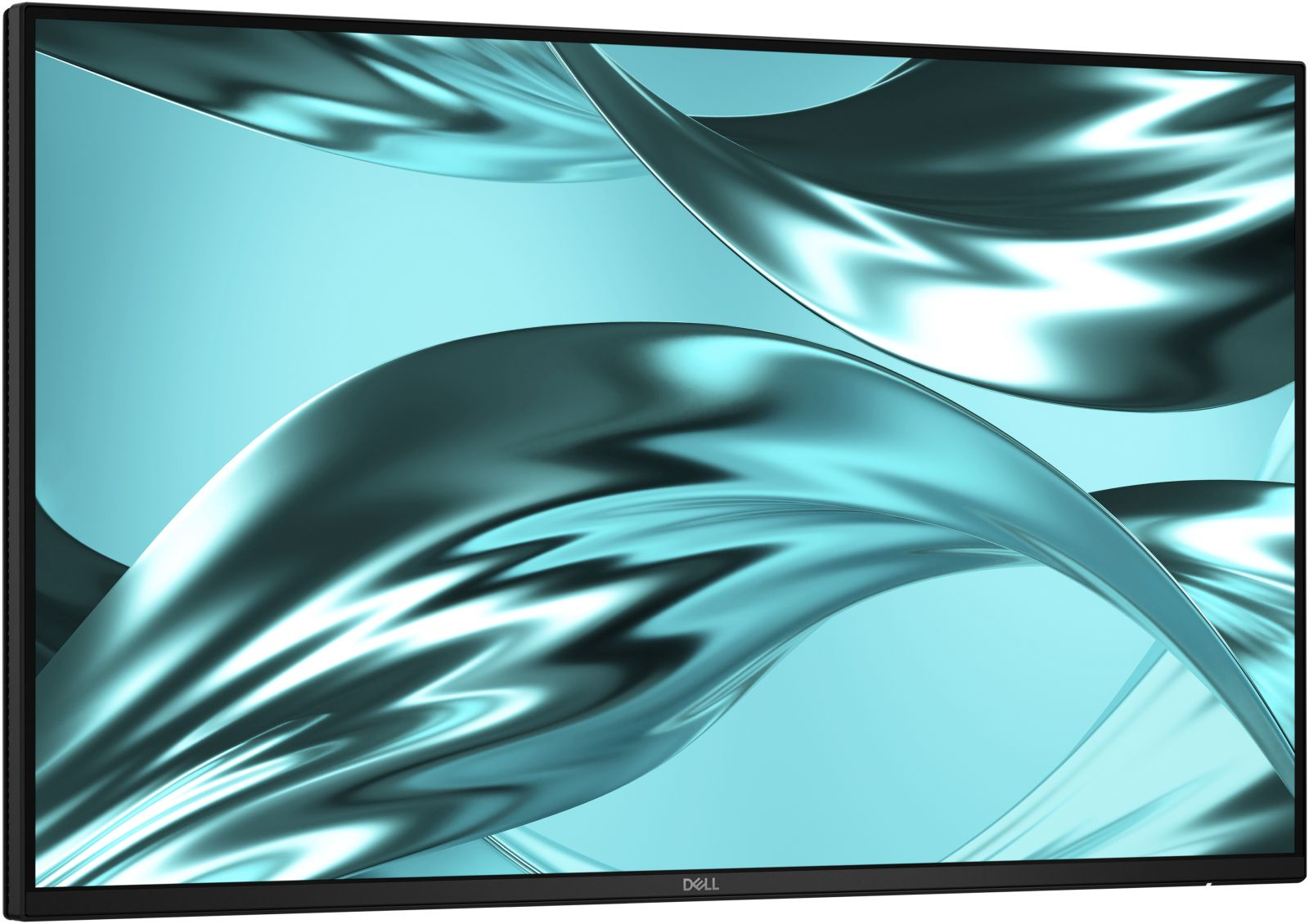 Un monitor Dell moderno mostra un design astratto blu metallico fluido su sfondo azzurro.